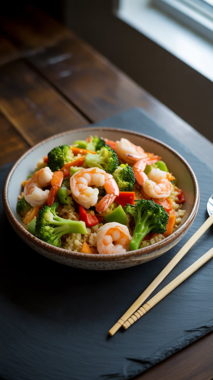 Discover a vibrant and satisfying meal with our Cauliflower Rice Stir-Fry featuring succulent shrimp and a rainbow of fresh vegetables. This dish combines the textures and colors of the ingredients to create a healthy option that’s packed with flavor and low in calories.